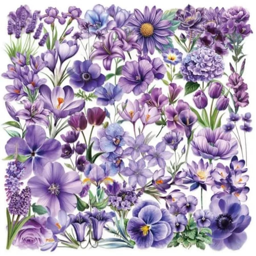 50Pcs Transparent Purple Flowers Stickers for Planner Stationery, Luggage, Laptop, Gifts, Scrapbooking, Water Bottles, Journali