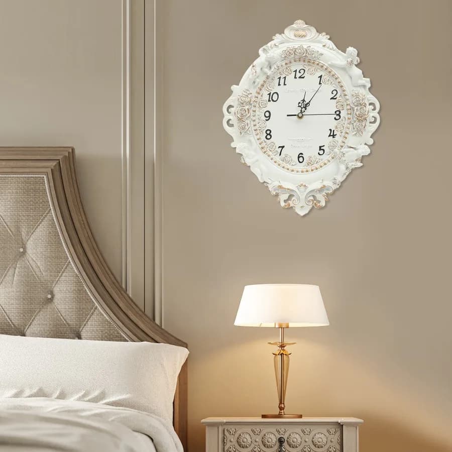 Decorative Wall Clock, European Style Off-White Ellipse Wall Clock for Home and Office Decor, Silent Quartz Movement Resin Wall