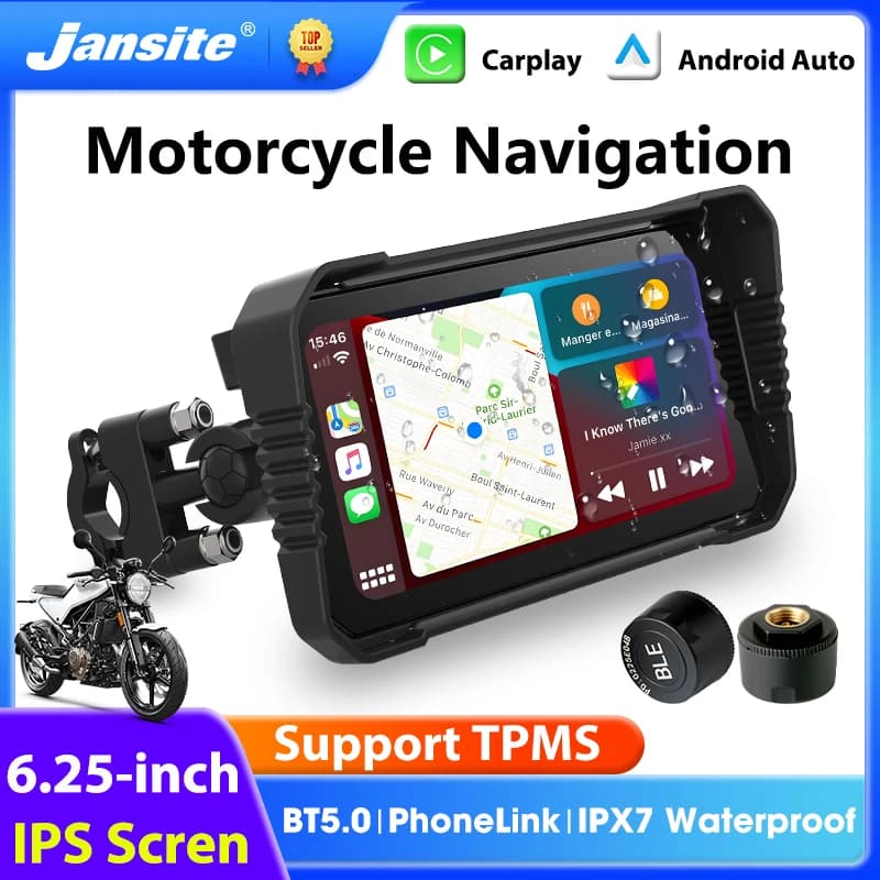 Schermo Touch IPS Portatile da 6,25 Pollici per Moto con Carplay, Navigazione GPS, Registratore di Guida, Impermeabile IPX7, Monitor Moto con Supporto TPMS