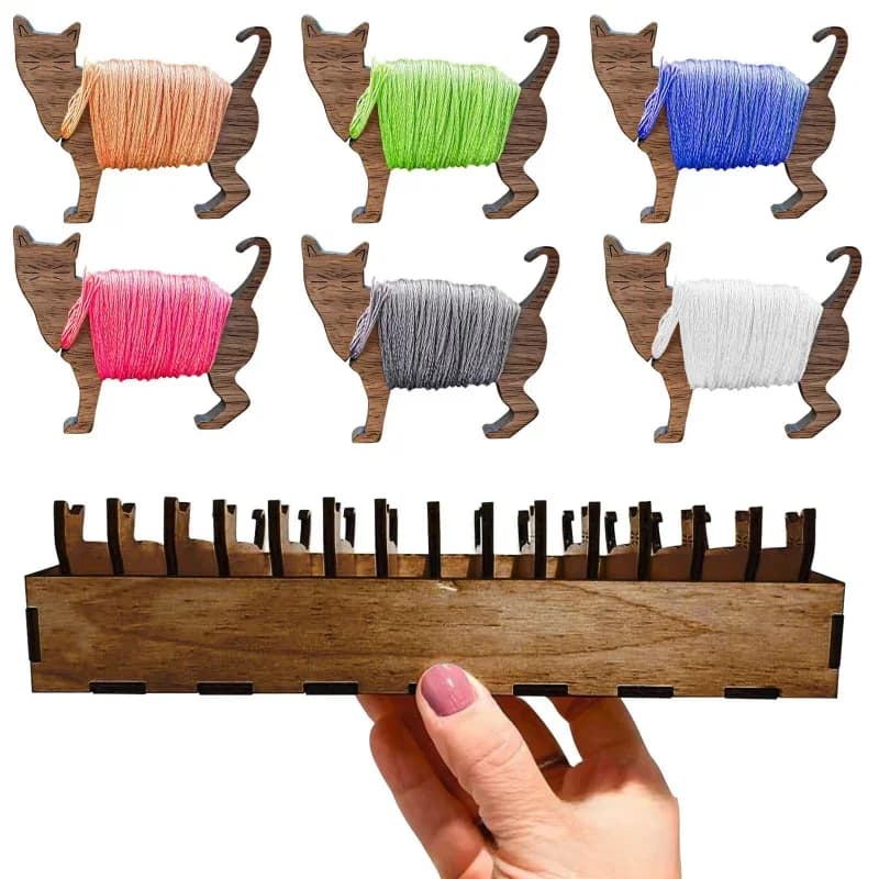 Set di Rocchetti in Legno a Forma di Gatto con Supporto, Scatola Organizzatrice per Fili per Ricamo e Conservazione Accessori da Cucito