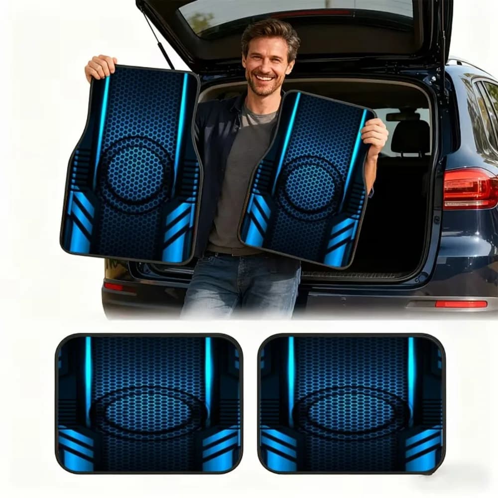 Fuallwin Fashionable Blue Hexagon Pattern Car Floor Mats 2pcs 4pcs Universal Set Suitable for All Cars Trendy Interior