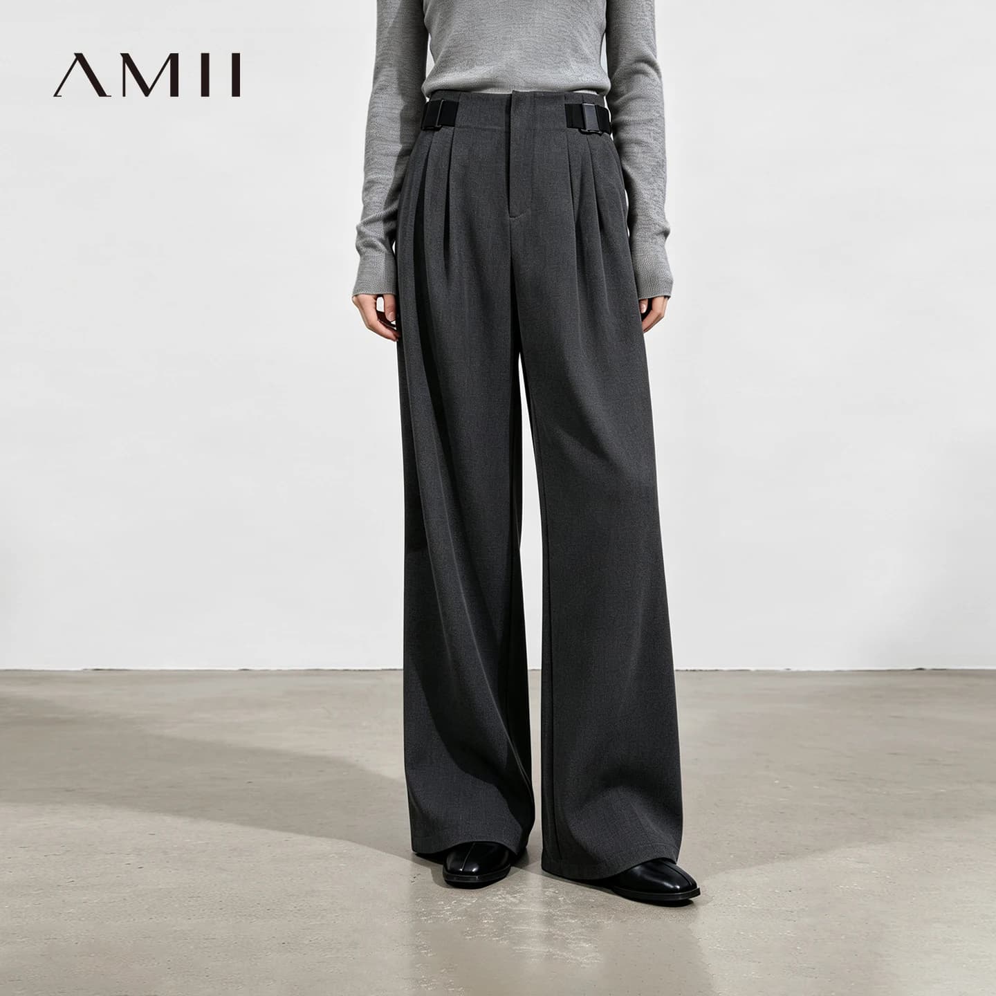Amii Wide Leg Pants Detachable Buckle Belt Loose Commuter Women Casual Long Trousers Autumn New Office Woman Clothing 12623062