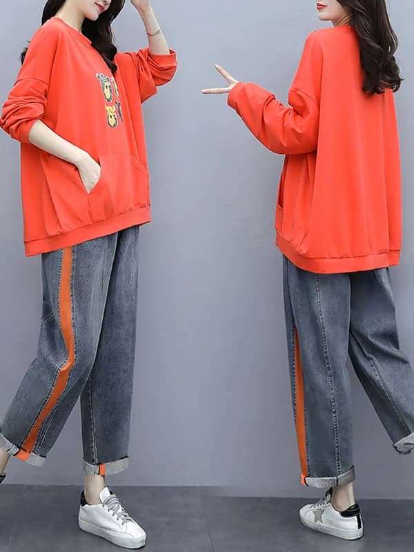 Completo due pezzi casual taglie forti con top stampato e jeans modellanti per donna, in cotone, per primavera autunno, alla moda