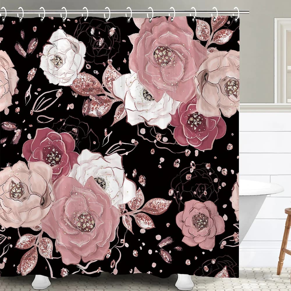 1 pezzo di bellissimo telo doccia impermeabile con fiori nordici, tenda decorativa per il bagno con fiori di rosa, con ganci in plastica