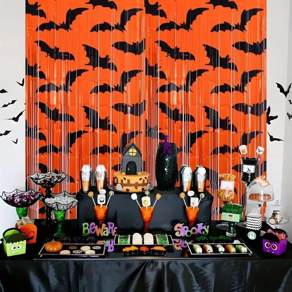 Black Bat Pattern Halloween Backdrop Fringe Curtain Foil Streamer Halloween Tinsel Curtain Decorative Self-Adhesive