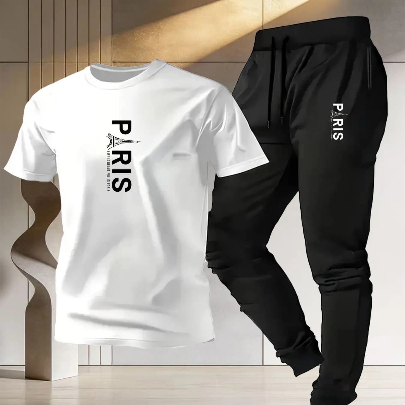 Set Estivo Casual in Puro Cotone con Stampa Torre Eiffel di Parigi, T-shirt e Pantaloni Leggeri Sportivi per Uomo e Donna, Collezione 2026