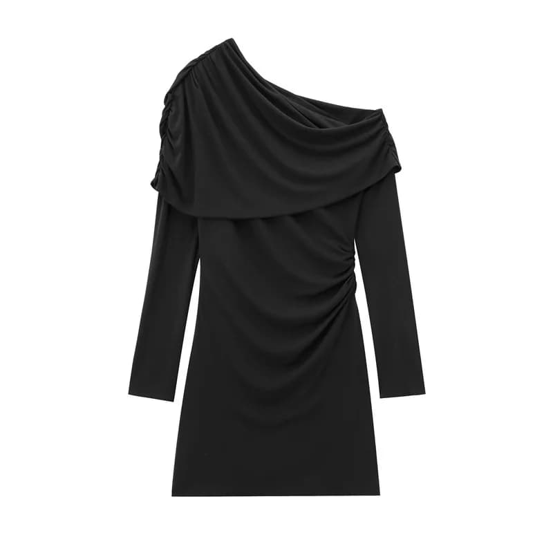 Summer New Versatile Pleated Decorative Slim-fitting Asymmetrical Long-sleeved Dress