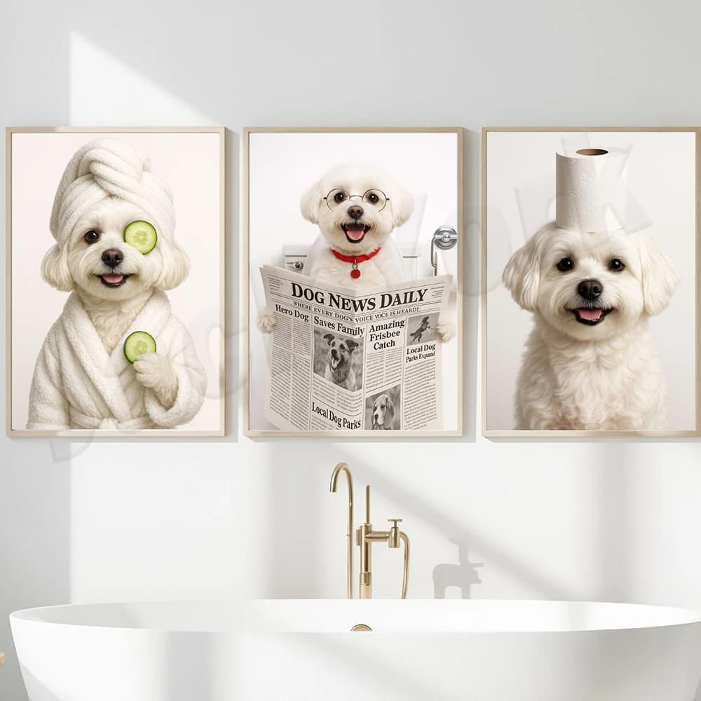 Bathroom poster featuring a Plummer Terrier, English Bulldog, Parsons Russell Terrier, Norwegian Hound, and Maltese in bathrobes