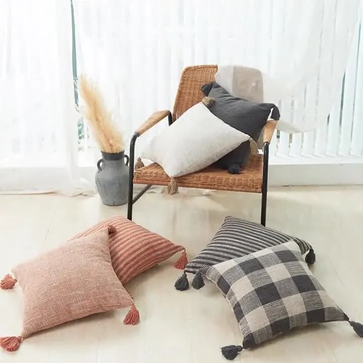 Federa in vita scozzese con strisce di cotone e lino ispessito, fodera per cuscino per divano con nappa, schienale per cuscino lombare