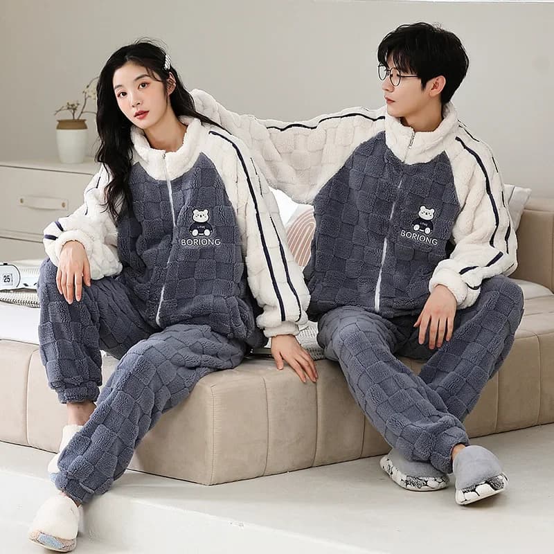Zipper Couple Pajamas Autumn Winter Thickened Warm Nightwear Women's Cartoon Flannel Sleepwear Men's loungewear pijamas feminino