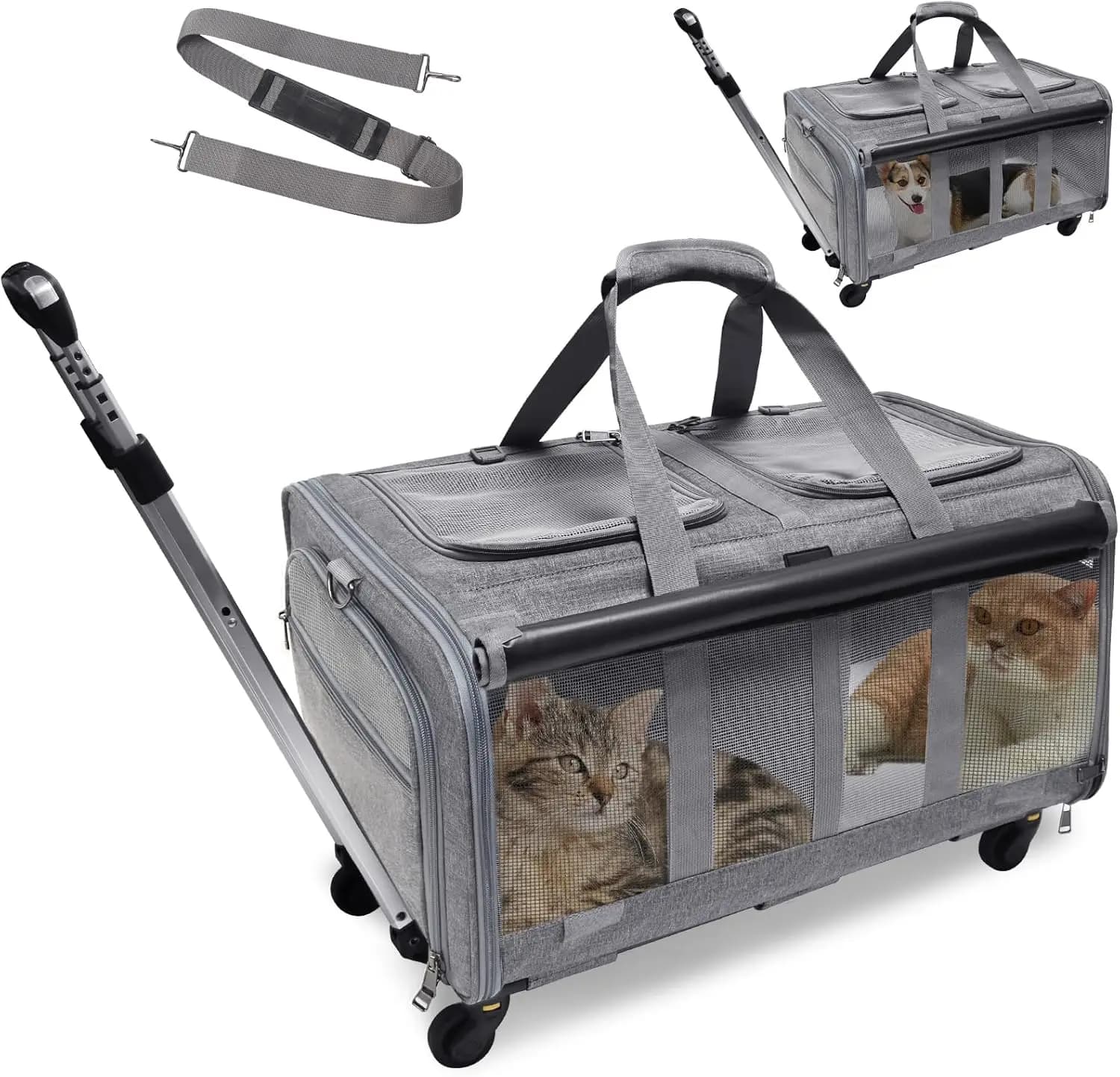 Trasportino per gatti a doppio scomparto per 2 gatti, trasportino da viaggio per animali domestici con ruote, fino a 35 libbre, super ventilato – Ideale per i viaggi