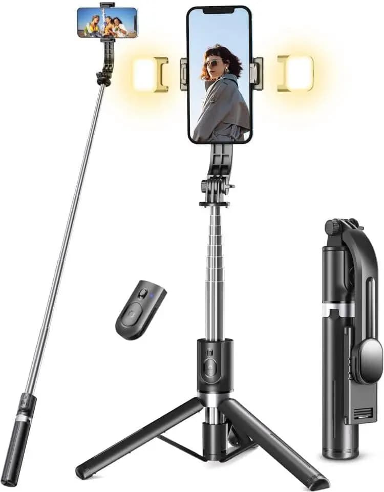 45'''' selfie tripod with wireless light and remote control, compatible with iPhone, Samsung and Android phones