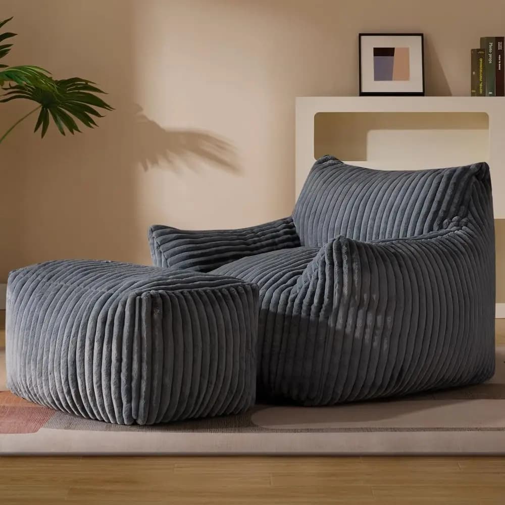Jumbo Gray Bean Bag Lounge Chair with Armrests and Ottoman - Plush Cloud Sofa for Reading, Gaming, and Relaxing