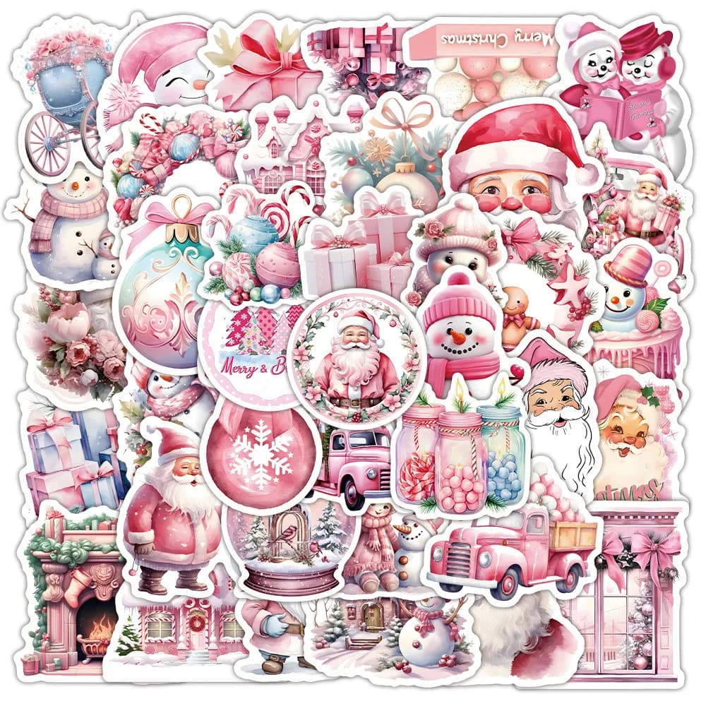 50 Pezzi Adesivi Decorativi Natalizi Rosa con Babbo Natale per Biciclette, Diari, Astucci, Decalcomanie Papery Pop Store