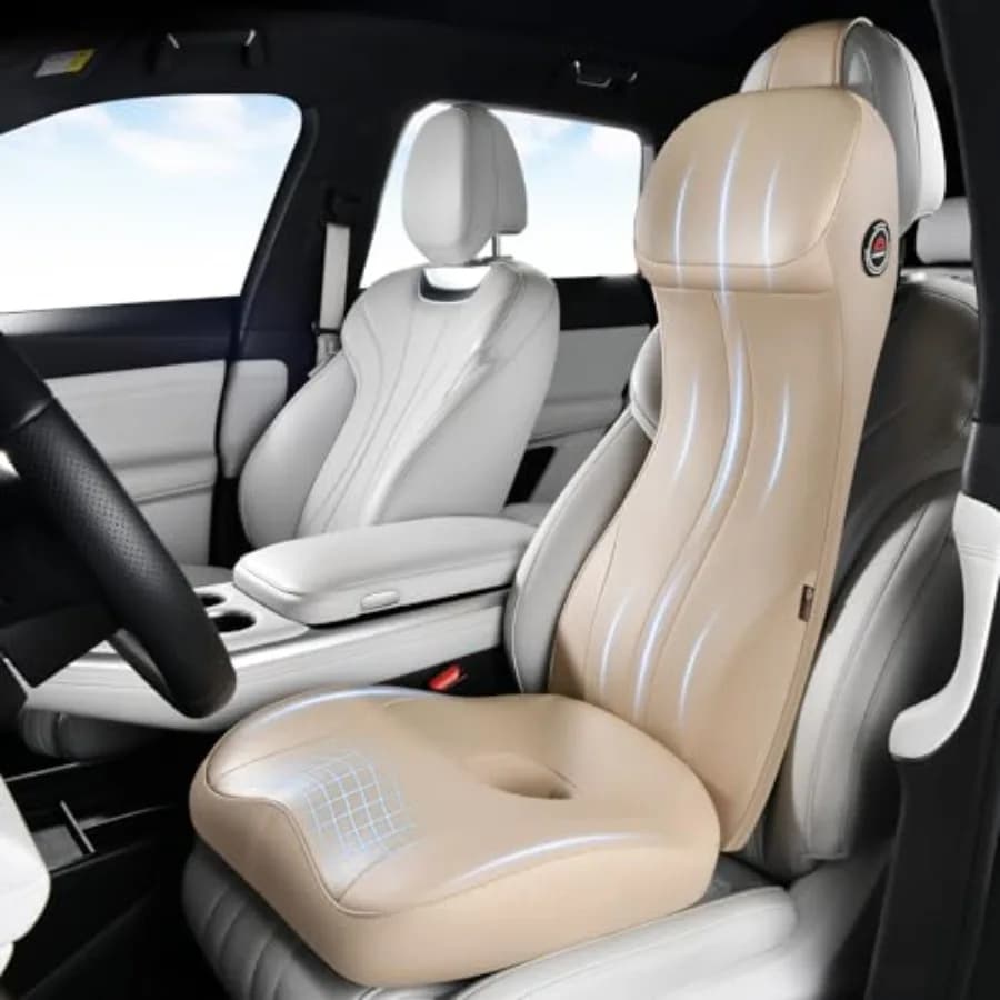 Cuscino per seggiolino auto e kit di supporto lombare con cuscino integrato per il collo, per supporto ergonomico della schiena, in morbida pelle beige con memory foam.