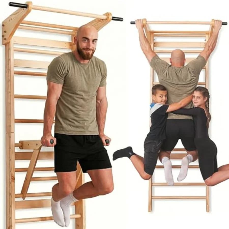 Swedish Ladder Wall Bars with Pull-Up Bar Dip Station for and Adults Wooden Stall Bars, Natural Wood Color, Space-Saving Multif