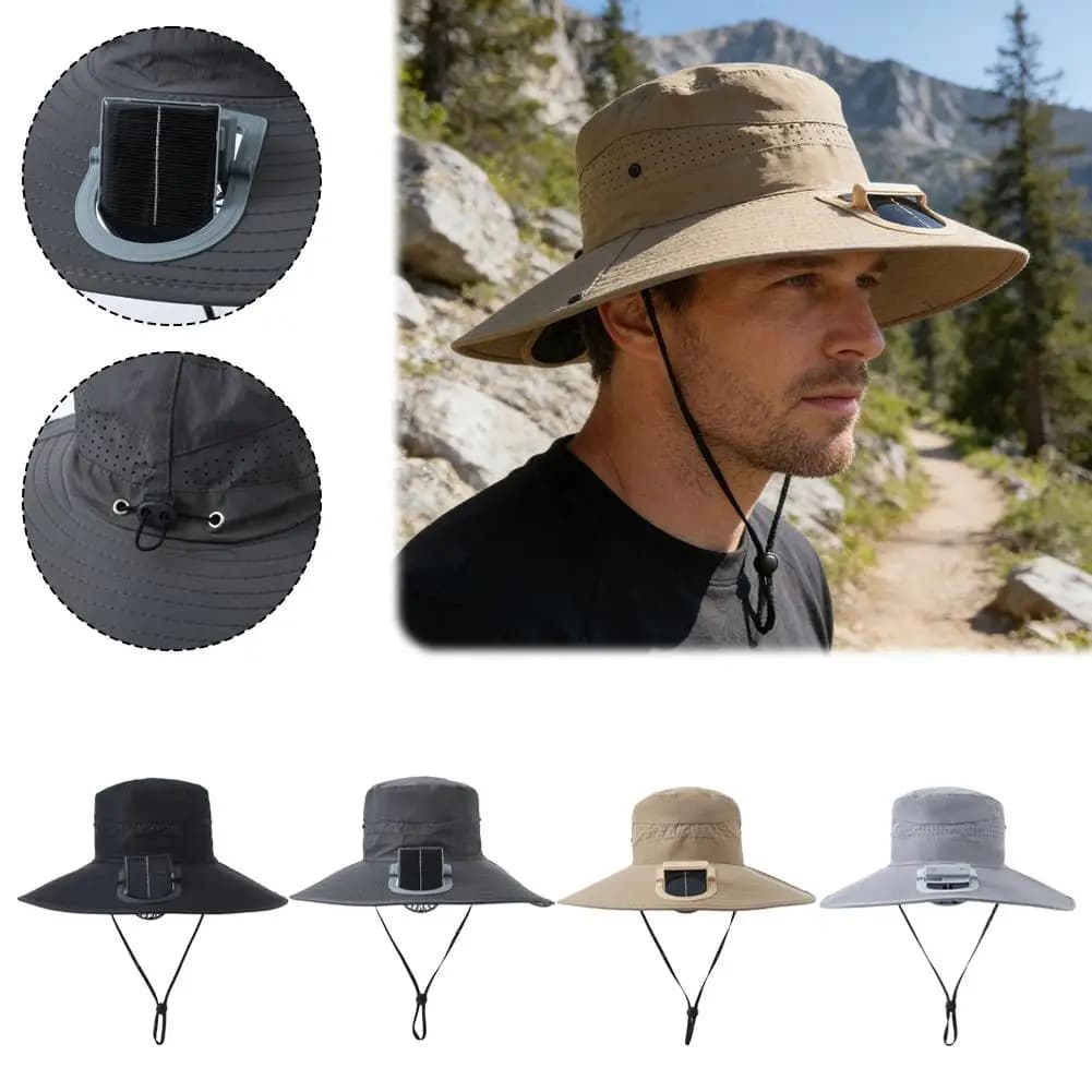 Solar Fan Wide Brim Sun Hat for Men Women, Waterproof UV Protection Safari Bucket Hat with Wind Lanyard for Fishing Hiking