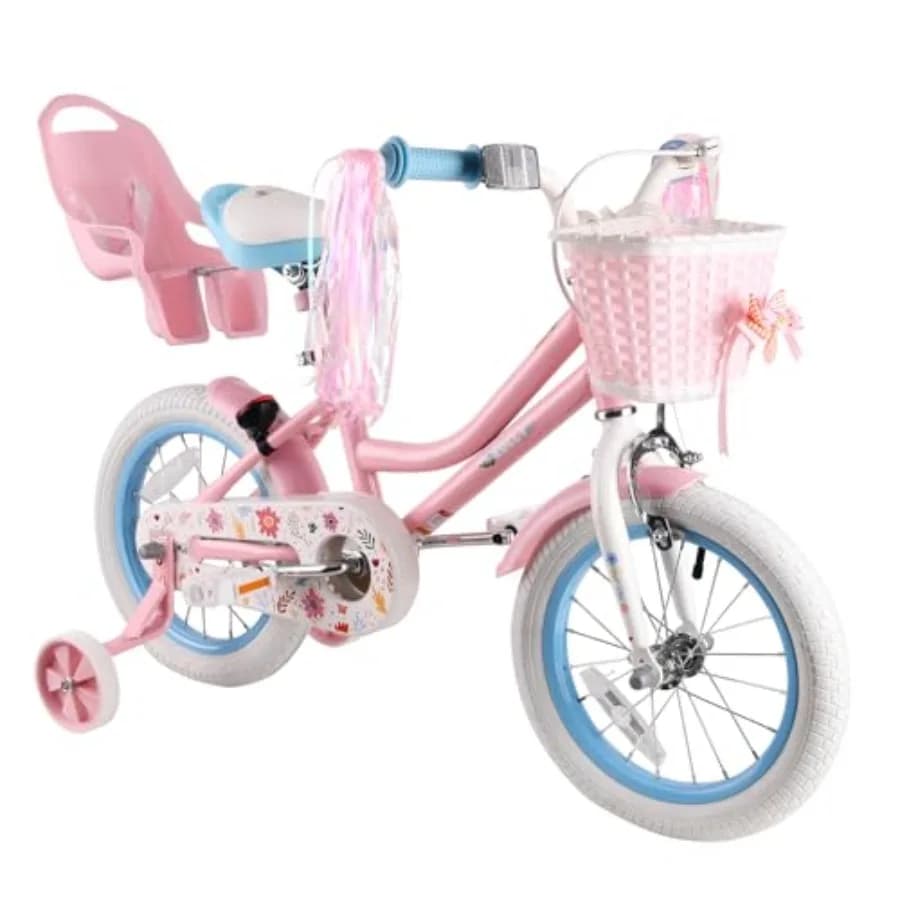 Bicicletta Daisy per Bambine dai 2 ai 9 Anni, 12 14 16 18 Pollici, Bici da Principessa con Seggiolino per Bambole, Ruote Stabilizzatrici, Cestino e Manubrio