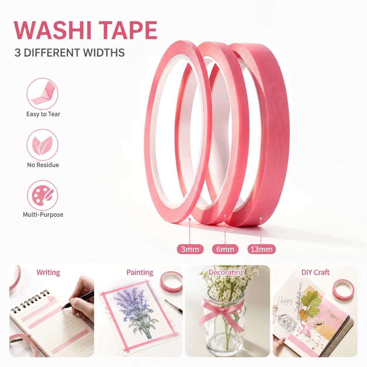 3/6Rolls Pink Fine Line Masking Tapes,for Nail Art Edging, Watercolor Painting Masking, Scrapbooking & Crafts