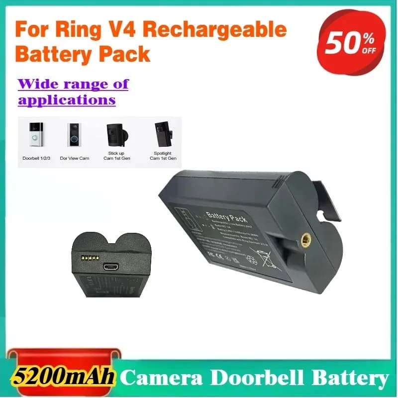 Video Doorbell Battery 3.65V 5200mAh for Ring Video Doorbell V4 Rechargeable Battery Pack for Spotlight Cam Solar Floodlight