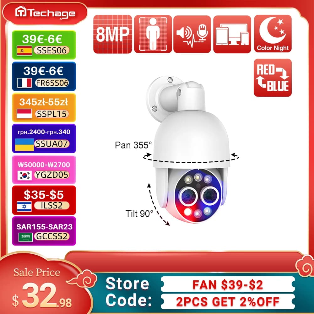 Techage Telecamera PTZ da 8 MP Telecamera IP POE a doppio obiettivo Zoom ibrido 8X Monitoraggio automatico Visione notturna colorata per kit di sorveglianza di sicurezza