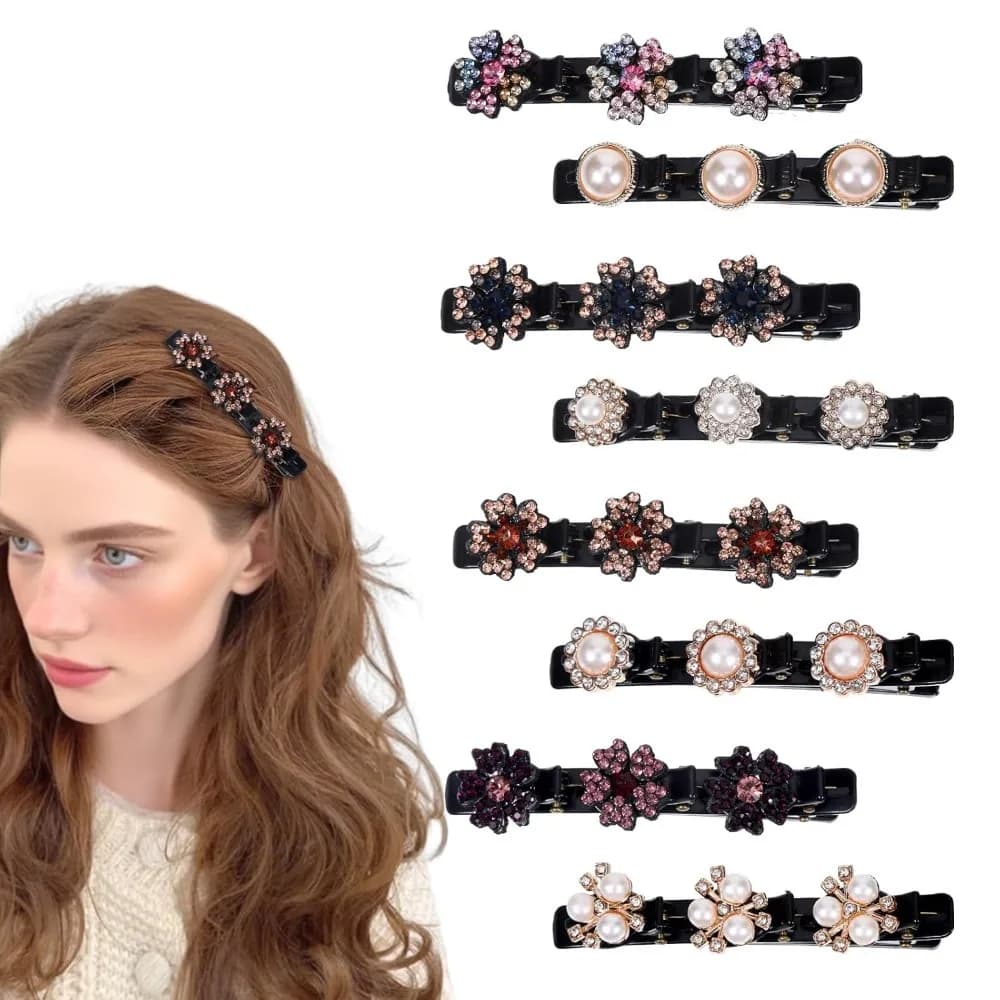 8 Crystal Stone Braided Hair Clips with Pearl Pin, Multi-Clip for Women's Hair Accessories