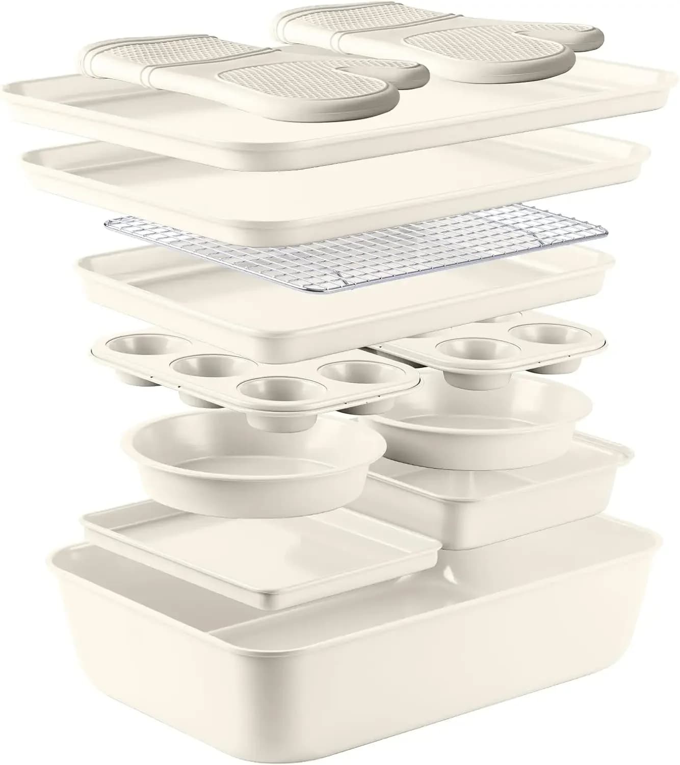 Set di Teglie Antiaderenti Impilabili - Set da Forno Deluxe Resistente e Durevole, Facile da Sfogliare, Colore Crema, 13 Pezzi