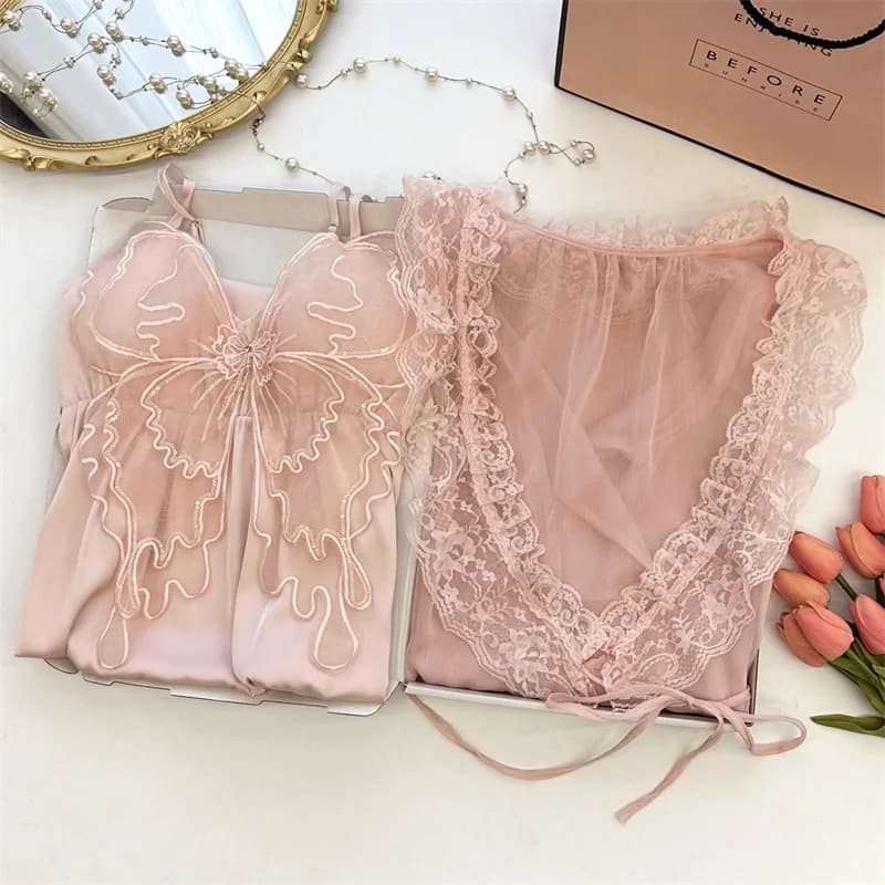 Fairy Princess Style Robe Set Elegant Nightgown Spaghetti Strap Female Stain Sleepwear Mesh Kimono Bathrobe Butterfly Nightdress