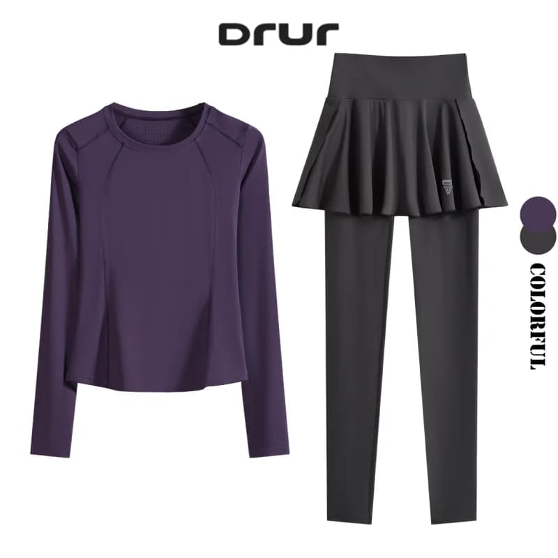 DRUR Gonna da tennis da donna Set 2 pezzi Palestra Top Vita alta 2 in 1 Leggings Completo Autunno Yoga Abiti Corsa Allenamento Activewear Nuovo