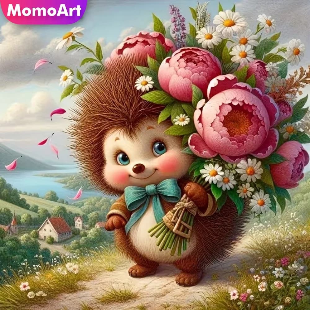 Momoart Kit Fai da Te Ricamo Diamantato Riccio Animale Punto Croce Set Pittura Fiore Peonia Mosaico Diamantato Hobby Fatto a Mano