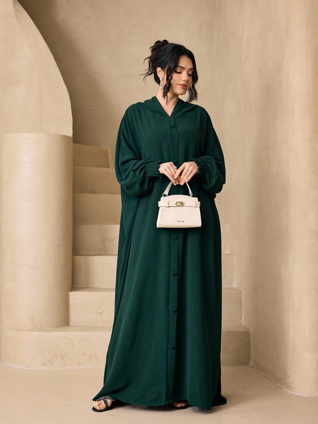 Solid Color Hooded Open Abaya 3 Piece Set With Hijab Belt, Loose Modest Maxi Gown For Muslim Women Daily Eid Wear