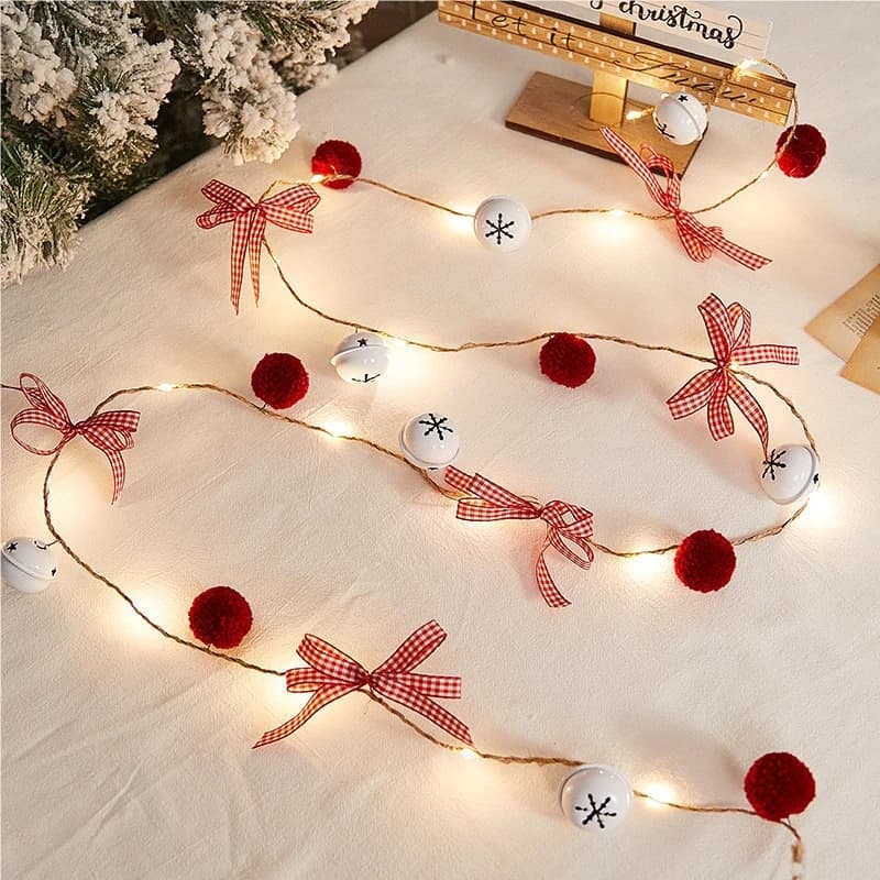 Christmas String Lights Red Pom Pom Bells Bow Warm White Battery Operated LED Fairy Lights Indoor Holiday Home Xmas Tree Decor