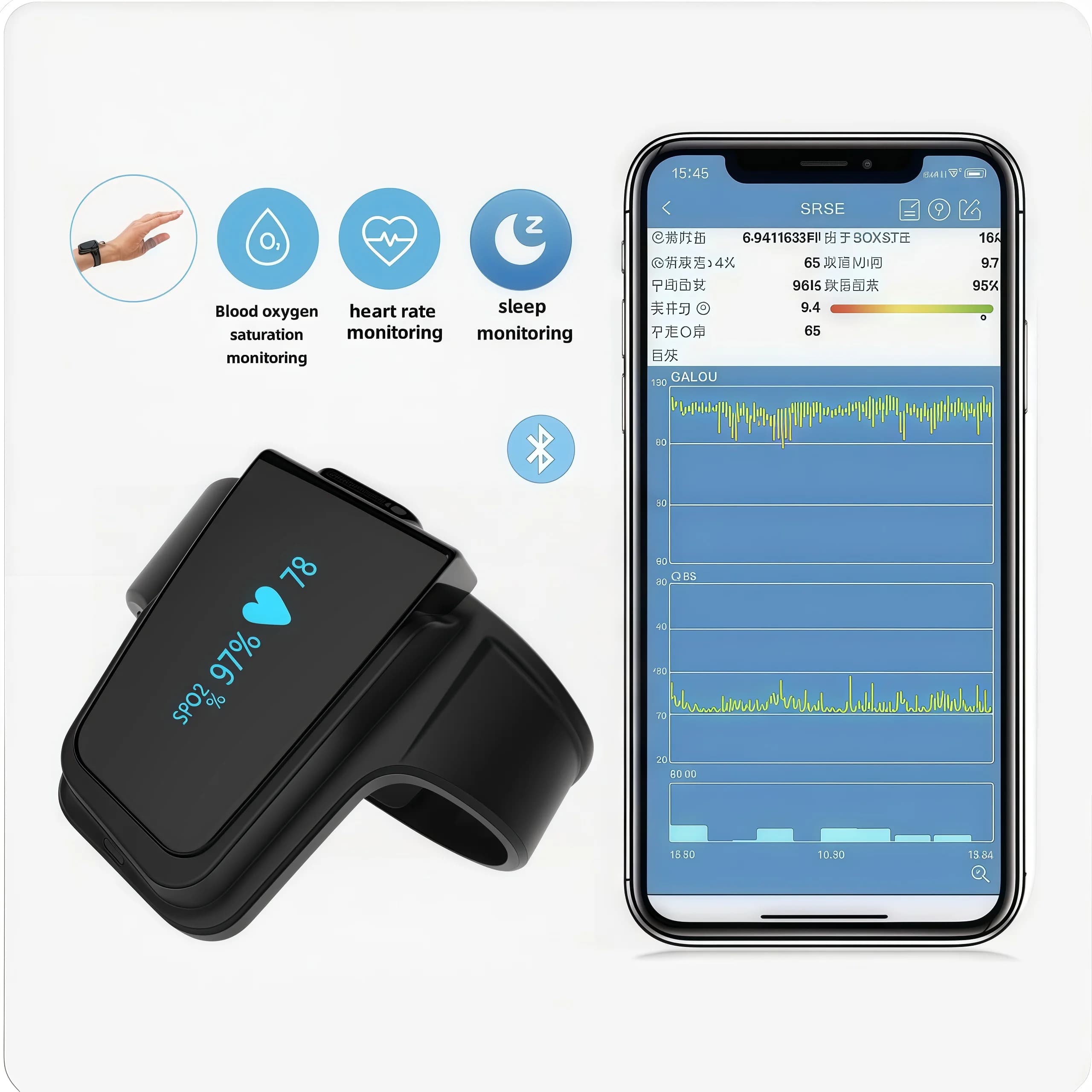 Bluetooth Spo2 Pulse Oxymeter Wearable Heart Rate Pulse Oxymeter Sleep Apnea Alarm continuously monitors blood oxygen saturation