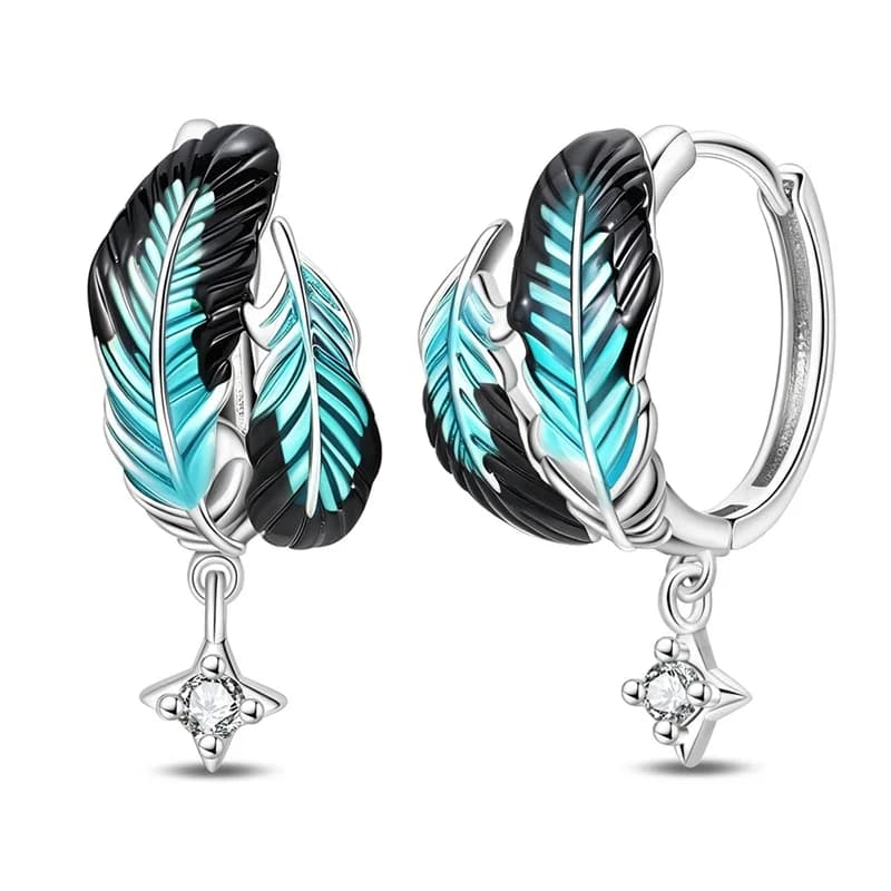 New 925 Sterling Silver Black Feather Blue Flame Hoop Earrings Sparkling CZ Zircon Earrings For Women Fine Birthday Jewelry Gift