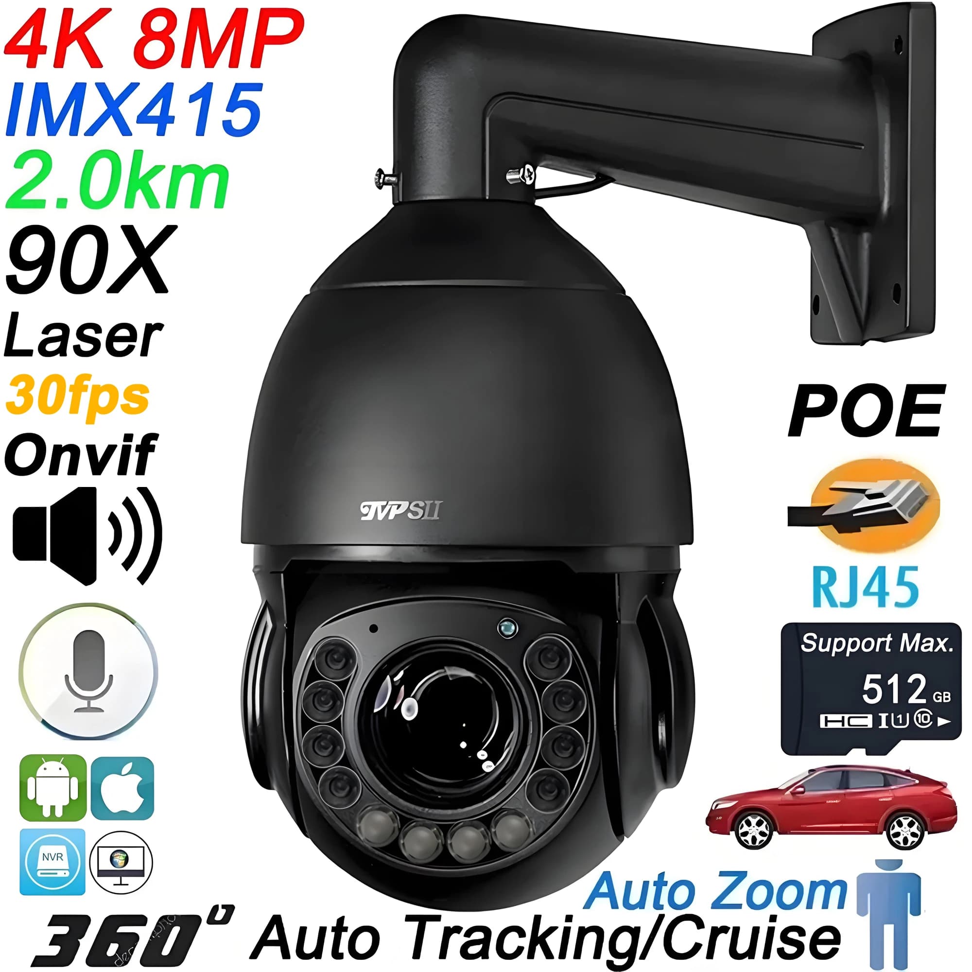 Max.512G Metal Laser Infrared Auto Tracking 8MP 4K 90X Optical Zoom 360° Audio ONVIF POE PTZ Speed Dome Surveillance IP Camera