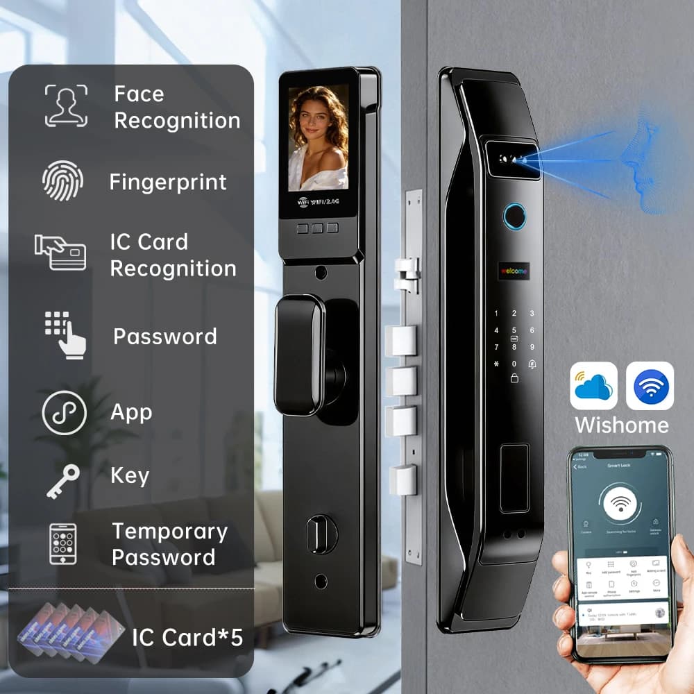 Serratura Elettronica Nera con Riconoscimento Facciale 3D, Sblocco Digitale con Telecamera, Impronta Digitale e Password, Serratura Intelligente Senza Chiave