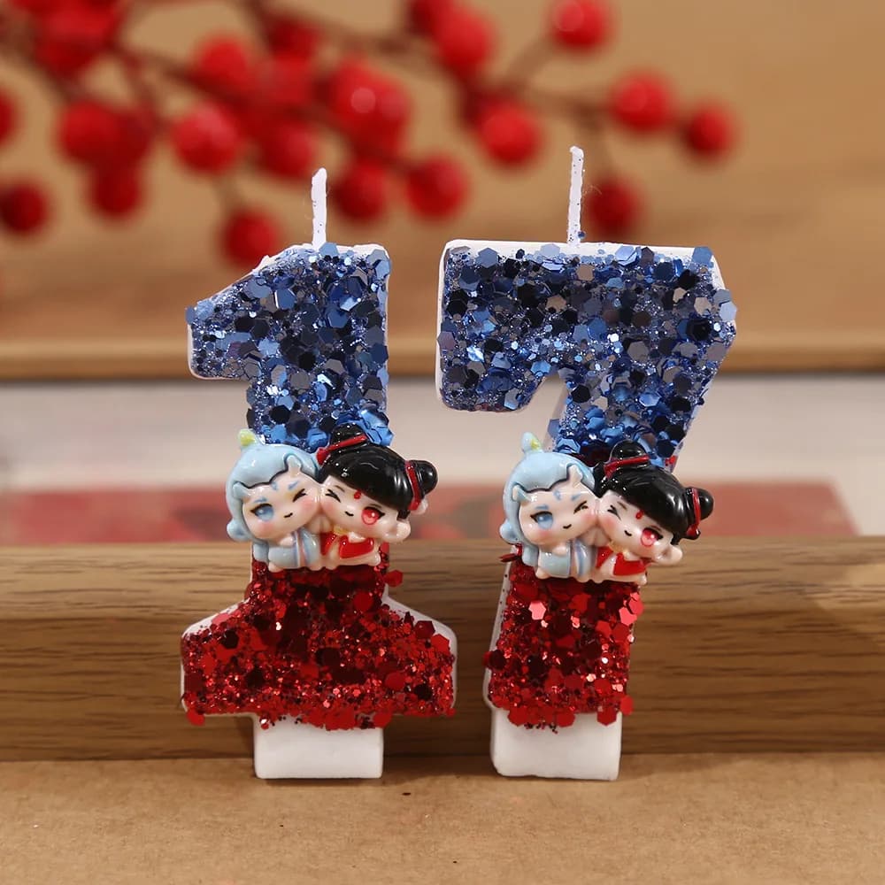 Cartoon Animation 0-9 Digital Candles, Red And Blue Color-blocked Sequins Birthday Candles, Desserts Cakes Atmosphere Plugins