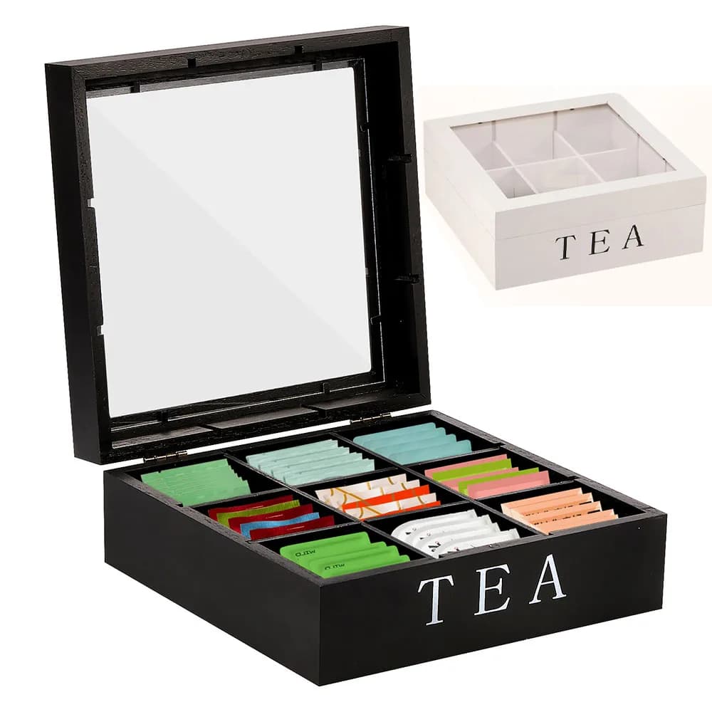9 Grids Wooden Tea Bag Holder Sugar Packets Spice Pouches Storage Case Instant Coffee Bag Boxes With Clear Lid Tea Bag Organizer