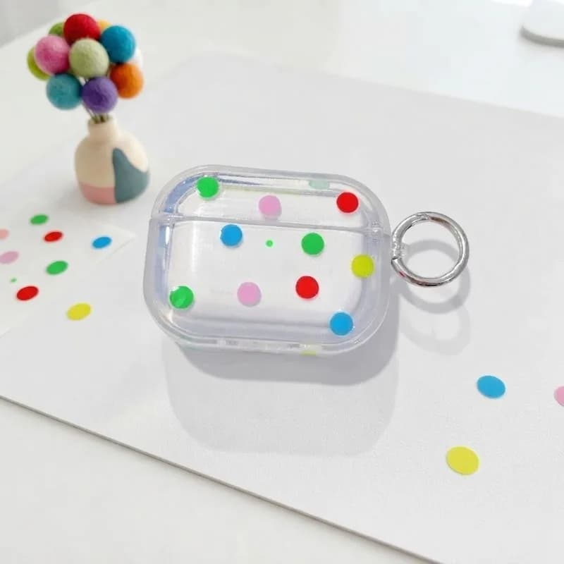 Cute Neon Polka‑dot Earphone Protective Case, Shockproof Silicone Cover with Carabiner