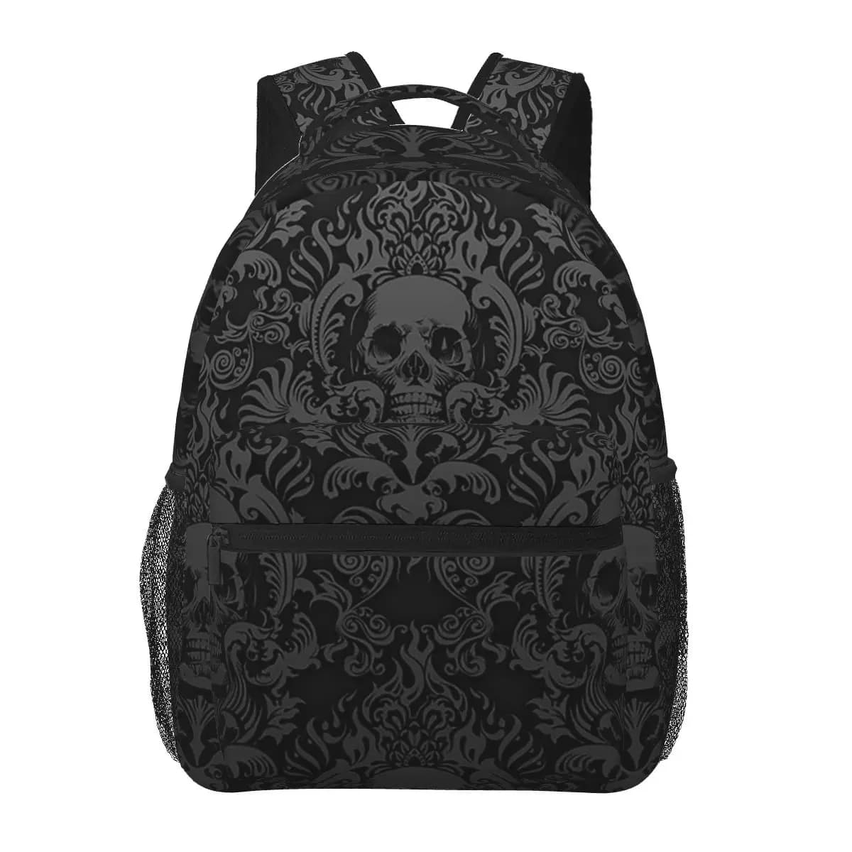 Gothic Black Skull Damask Pattern Student Backpack School Bag Hiking Travel Daypack for Boys Girls Fashion Bookbag Shoulder Bags