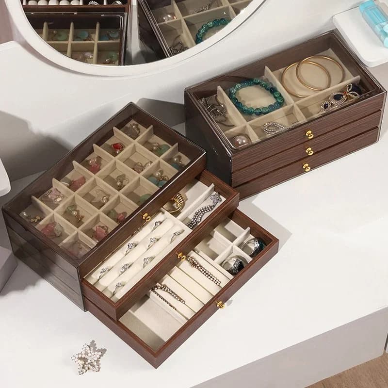 Walnut Wood Jewelry Storage Box 3 Drawers Acrylic Outer Frame Organizer For Rings Earrings Necklaces Bracelets Pendants Shop Dis