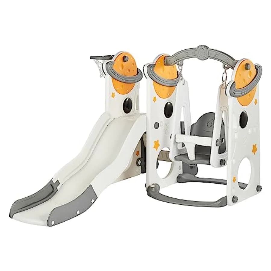 Set Scivolo e Altalena 4-in-1: Perfetto per Bambini da 1 a 6 Anni, per Parco Giochi Interno/Esterno con Canestro da Basket e Area Arrampicata