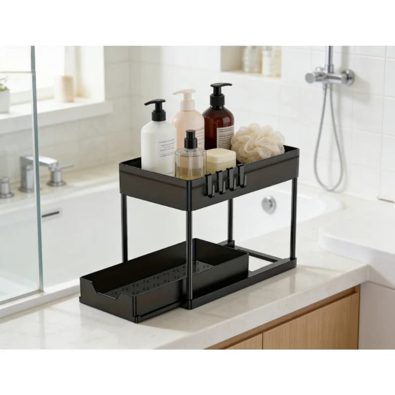 Organizer at 2 levels under the sink, sliding shelf with hooks and door cups for bathroom and kitchen