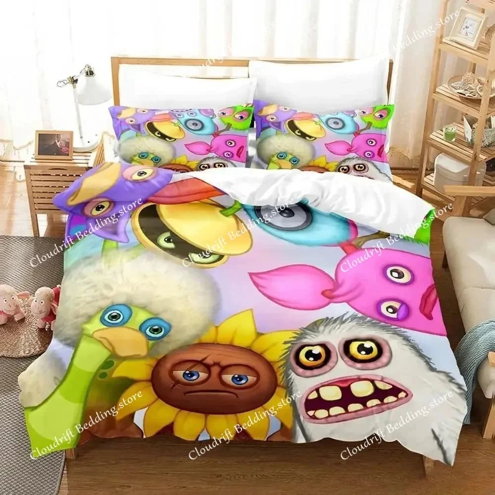 Set di biancheria da letto My Singing Monsters, set letto singolo, matrimoniale, queen size, king size, per adulti e ragazzi, set copripiumino, tessili per la casa