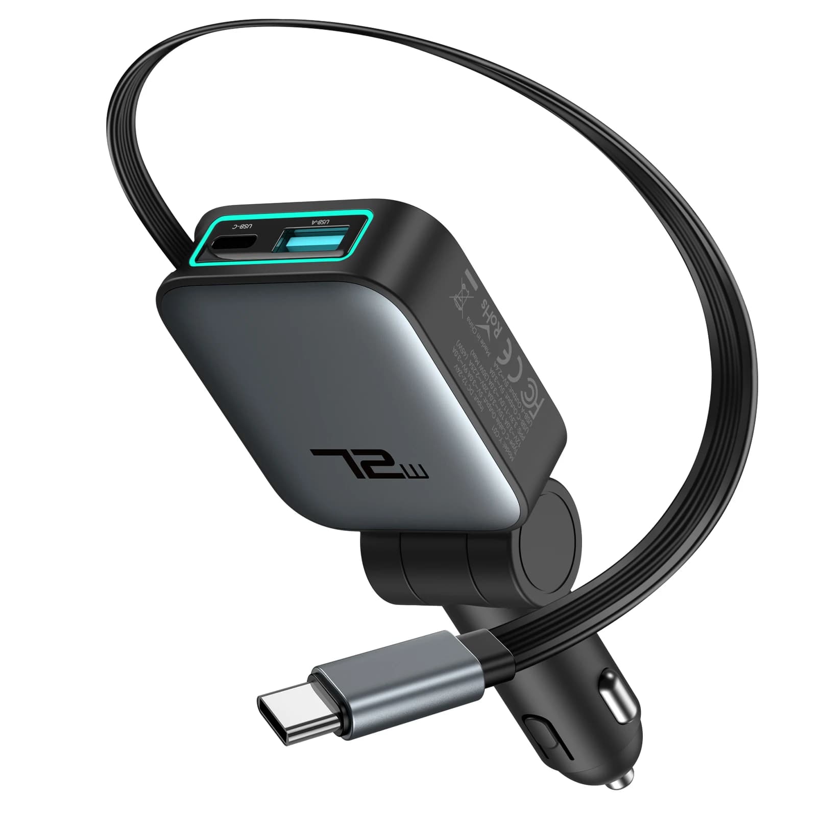 Caricabatterie per auto con ricarica super rapida, cavo retrattile uno-a-due, convertitore per accendisigari compatibile con Apple 17 e Huawei