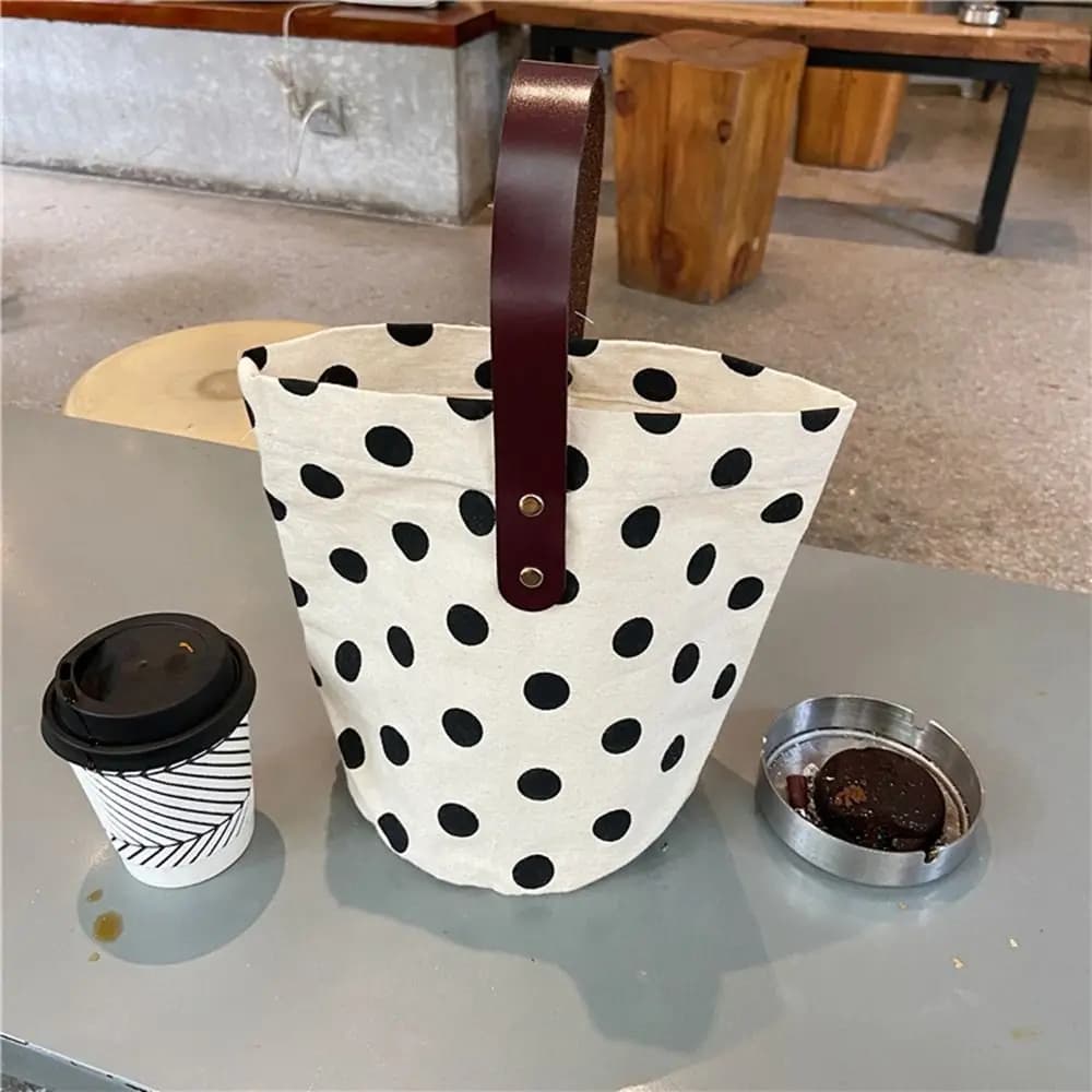 All-match Wave Point Polka Dot Canvas Bucket Bag Korean Style Lunch Bag Handbag Large Capacity Tote Bag Mummy Bag Travel