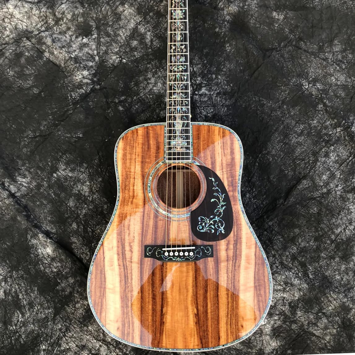 Chitarra acustica tipo D All Koa Wood, vero intarsio di abalone, tastiera in ebano, 41"