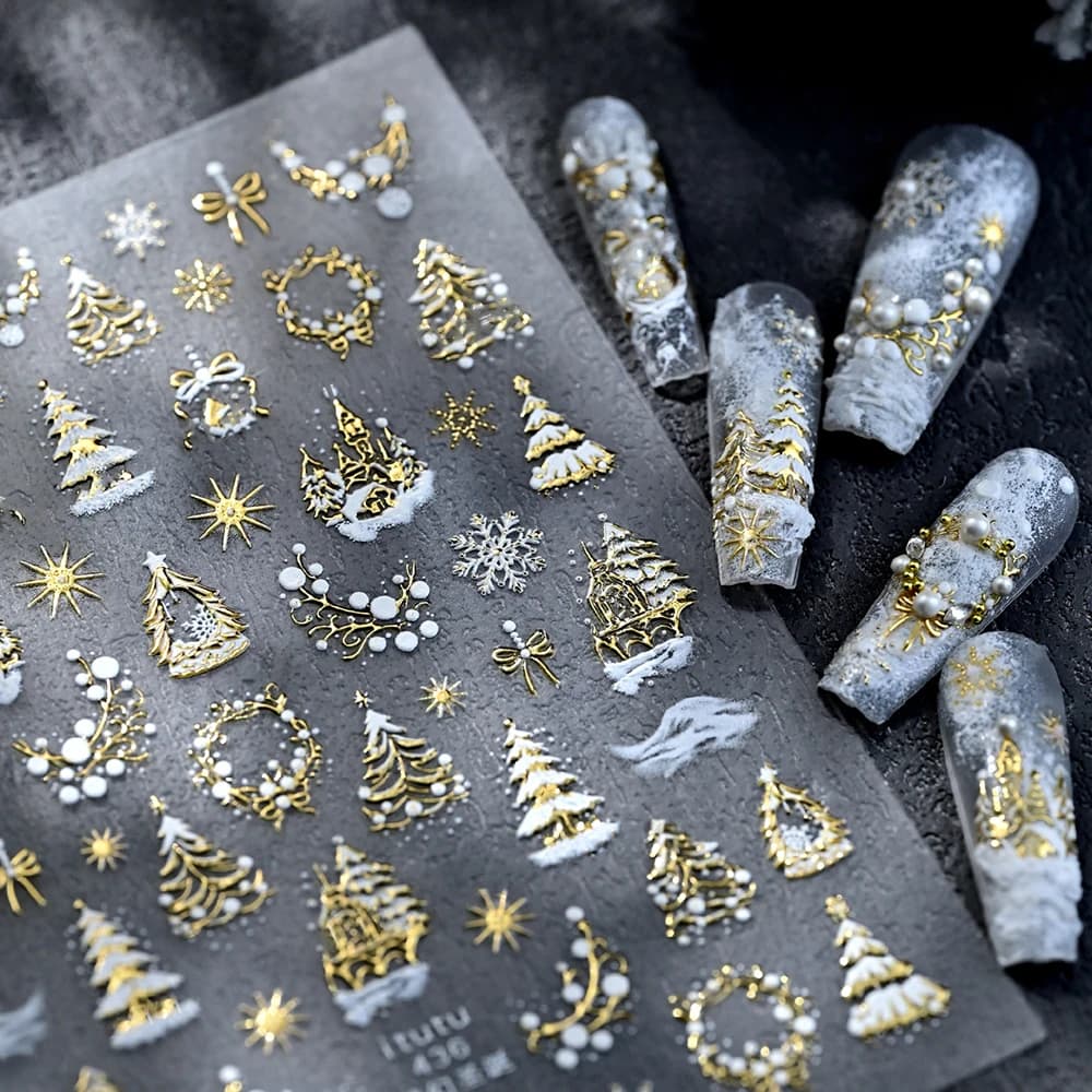 1Pc 5D Winter Metal Christmas Tree Nail Art Stickers Ghirlanda Snowflake Wall decal Decalcomanie FAI FROM YOU New Year Cursors Decoration Manicure