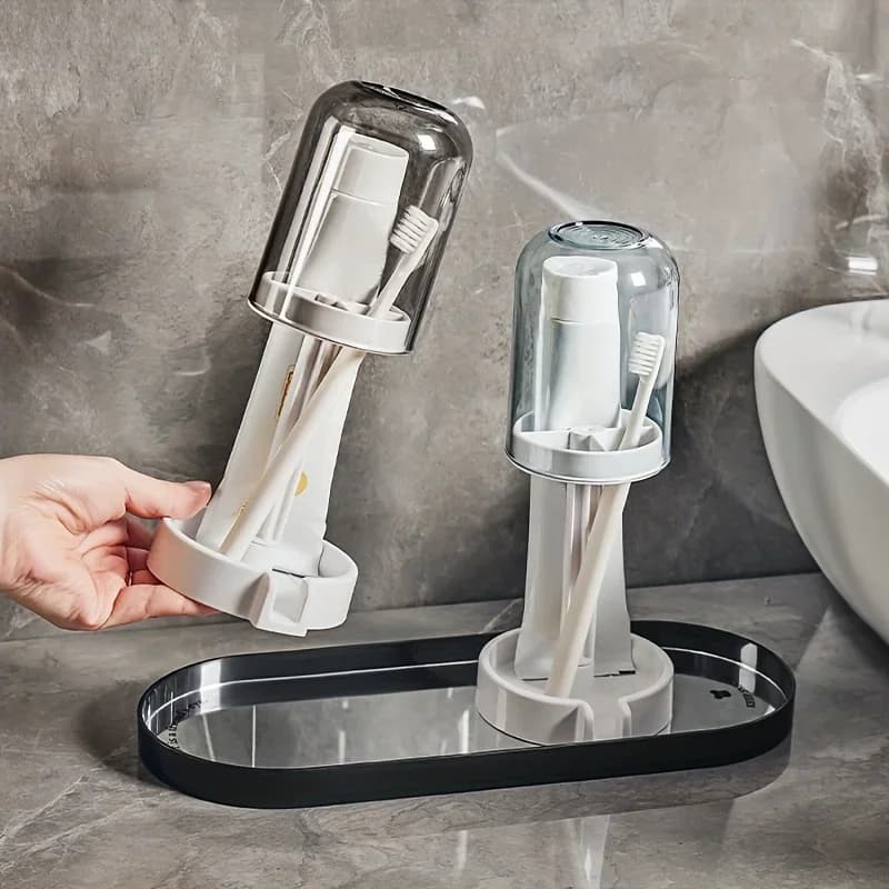 Portaspazzolino con coperchio antipolvere, design con drenaggio, organizer multifunzionale in plastica per spazzolini e bicchieri da bagno