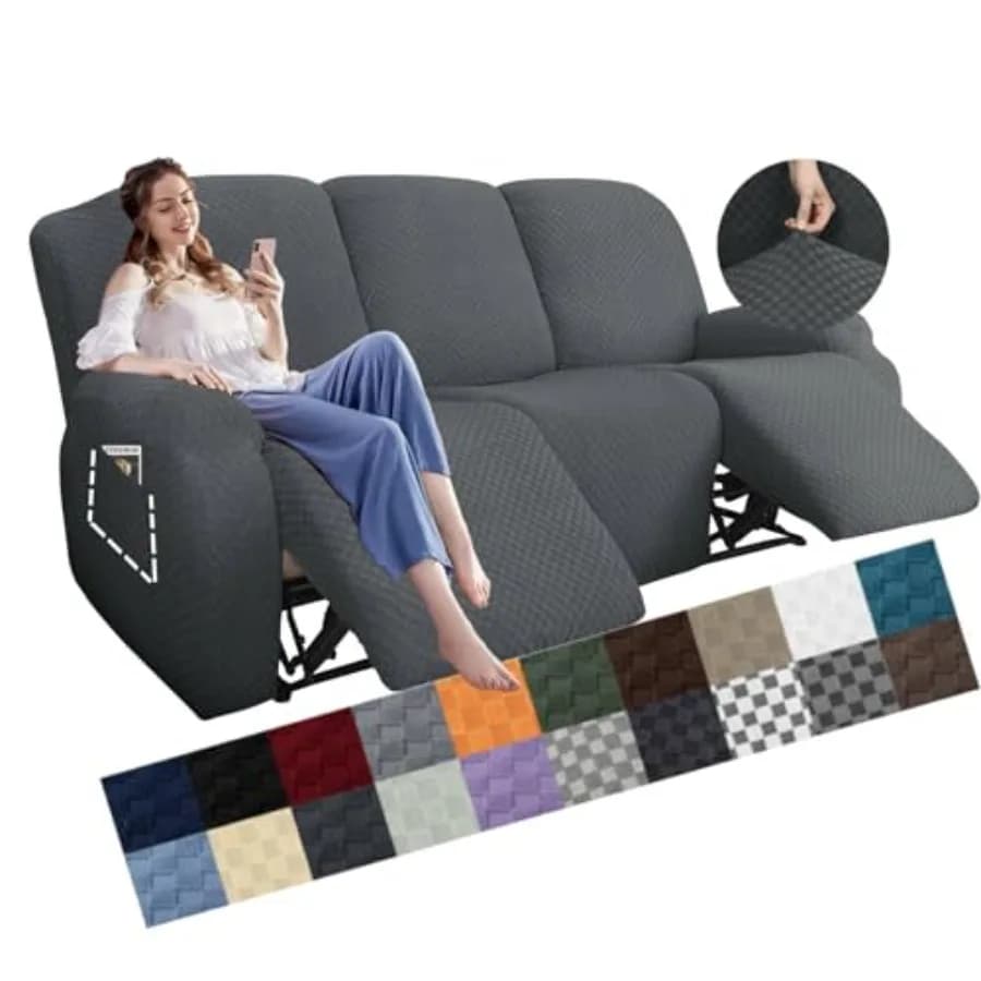 Copridivano Reclinabile Elasticizzato 8 Pezzi, Ultimo Modello Jacquard con Tasca Laterale, Antiscivolo, per Divano a 3 Cuscini